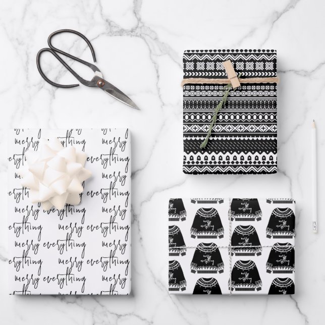 Modern Merry Everything Christmas Sweater Holiday Wrapping Paper Sheet (Front)