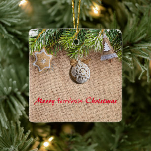 Modern Merry Farmhouse Christmas Rustic Burlap  Ceramic Ornament