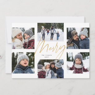 Modern merry faux gold 6 photo Christmas collage Holiday Card