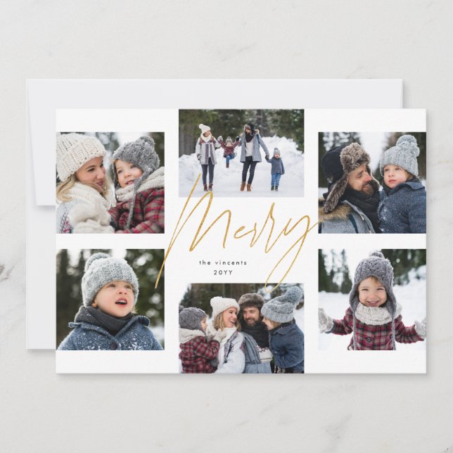 Modern merry faux gold 6 photo Christmas collage Holiday Card (Front)