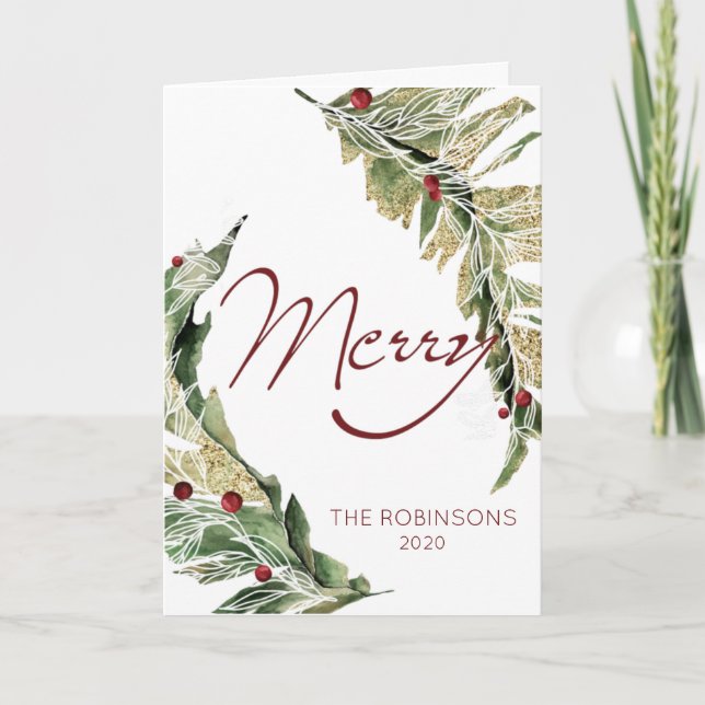 Modern & Merry in Snow White Folded Holiday Card (Front)