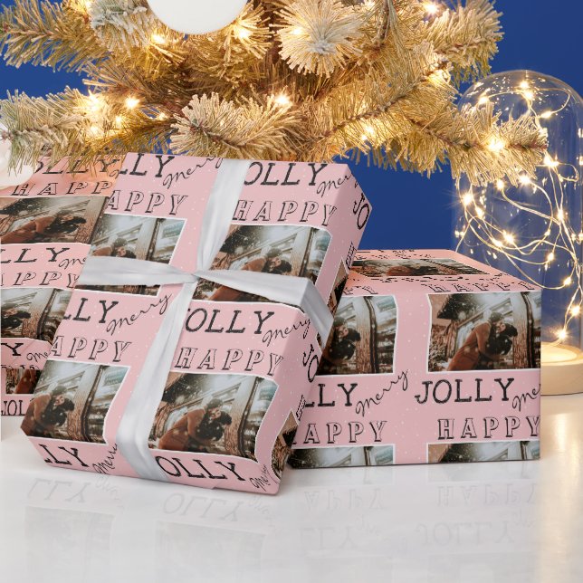 Modern Merry Jolly Happy Custom Photo Christmas Wrapping Paper (Holidays)