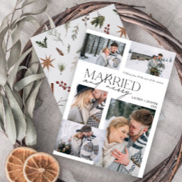 Modern Merry & Married 5 Photo Newlywed Holiday Card