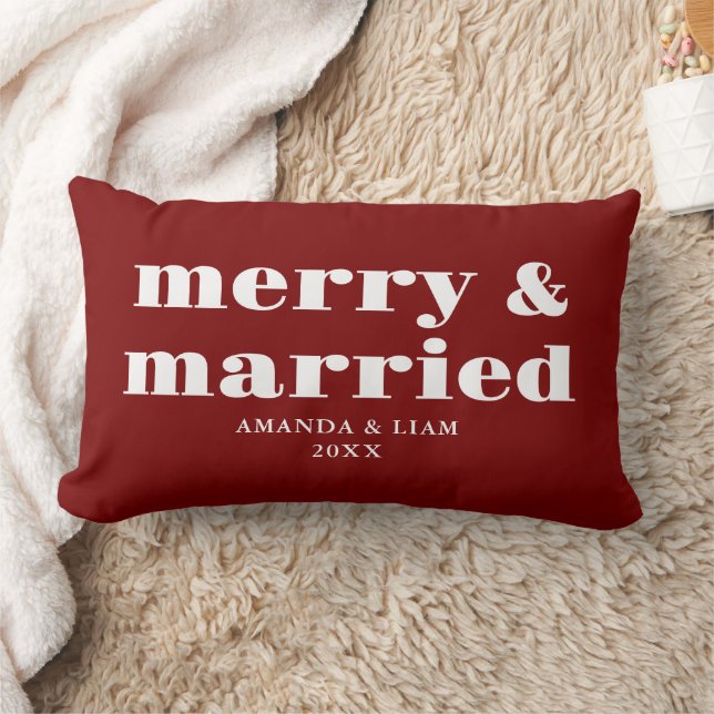 Modern Merry & Married Personalized Red Christmas Lumbar Pillow (Blanket)