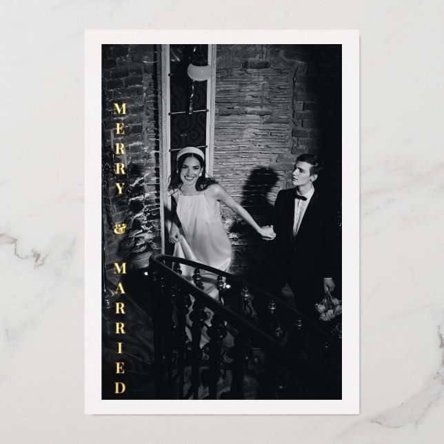Modern Merry Married Photo Wedding Glam Gold Foil Holiday Card (Front)