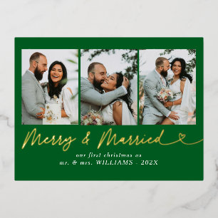 Modern Merry & Married Wedding Photo Christmas  Foil Holiday Postcard