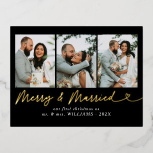 Modern Merry & Married Wedding Photo Christmas  Foil Holiday Postcard