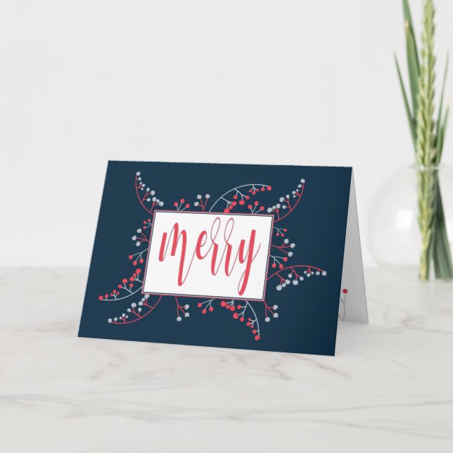 Modern Merry red grey navy blue berries Christmas Holiday Card (Front)