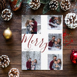 Modern merry red script 6 photo Christmas collage Holiday Card<br><div class="desc">A college of 5 photos is collected around a modern merry script in the centre and a custom message. This simple design is trend forward and the perfect way to share a year of highlights with friends and family.</div>