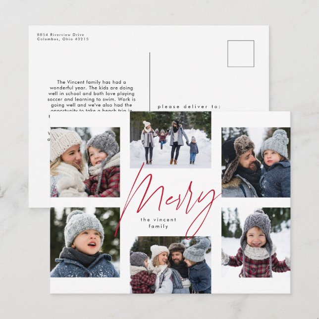 Modern merry red script 6 photo Christmas collage Holiday Postcard (Front/Back)