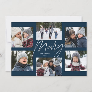 Modern merry script navy 6 photo Christmas collage Holiday Card