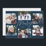 Modern merry script navy 6 photo Christmas collage Holiday Card<br><div class="desc">A college of 6 photos is collected around a modern merry script in the centre and a custom message. This simple design is trend forward and the perfect way to share a year of highlights with friends and family. The backer is a coordinating navy blue stripe.</div>