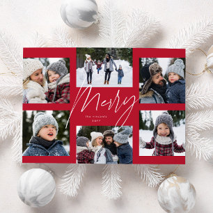 Modern merry script red 6 photo Christmas collage Holiday Card