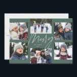 Modern merry script sage 6 photo Christmas collage Holiday Card<br><div class="desc">This holiday photo card features a college of 6 photos around a modern merry script in the centre and a custom message. This simple design is trend forward and the perfect way to share a year of highlights with friends and family. The backer is a coordinating sage green stripe.</div>