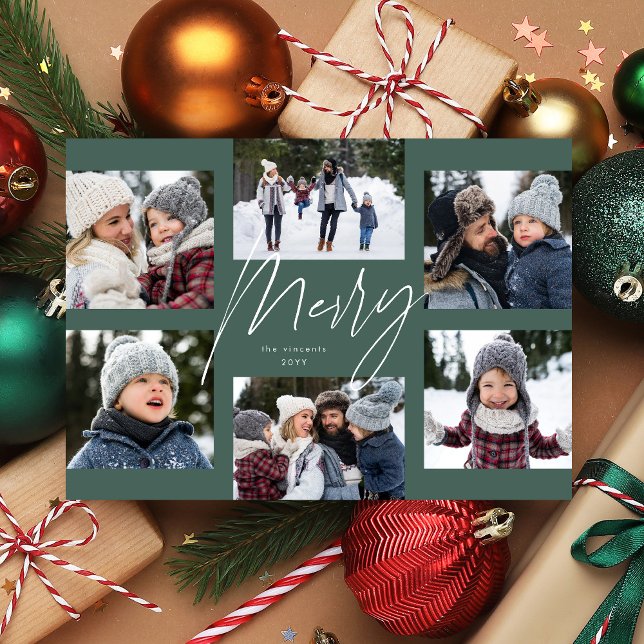 Modern merry script sage 6 photo Christmas collage Holiday Card (Creator Uploaded)