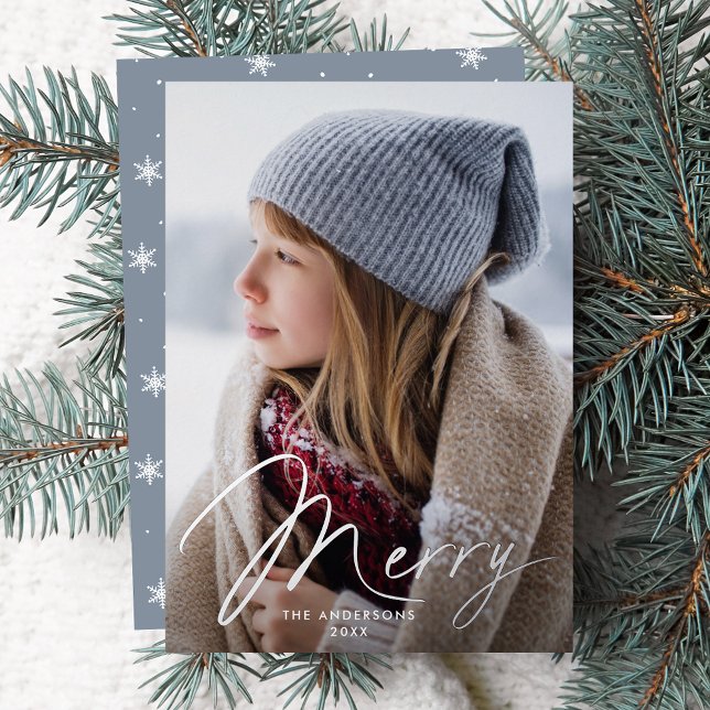 Modern Merry Signature Script Icy Blue Photo Foil Holiday Card (Creator Uploaded)