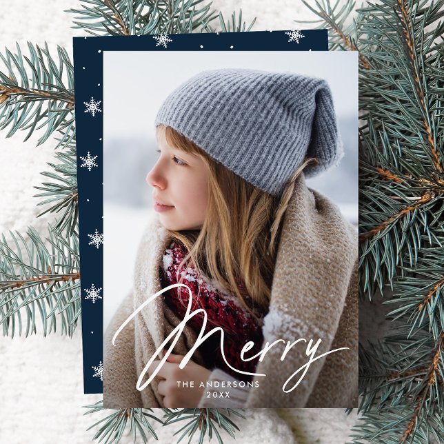 Modern Merry Signature Script Navy Photo Holiday Card (Creator Uploaded)
