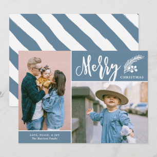 Modern Merry Two Photo Christmas Blue Holiday Card