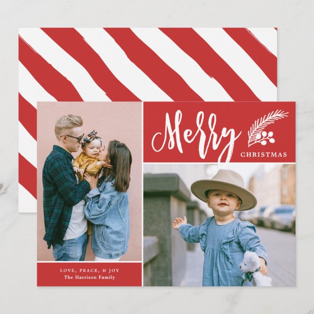 Modern Merry Two Photo Christmas Red Holiday Card (Front/Back)