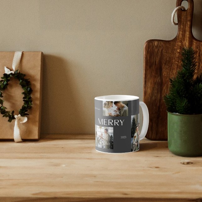 Modern Merry Typography Simple 5 Photo Coffee Mug (Creator Uploaded)