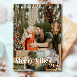 Modern Merry Vibes Only Family Photo Light Gray Holiday Card