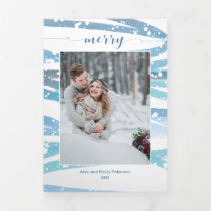 Modern Merry Winter Mint Swashes Photo Tri-Fold Holiday Card