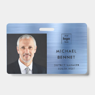 Modern Metallic Blue Company Photo ID  Badge