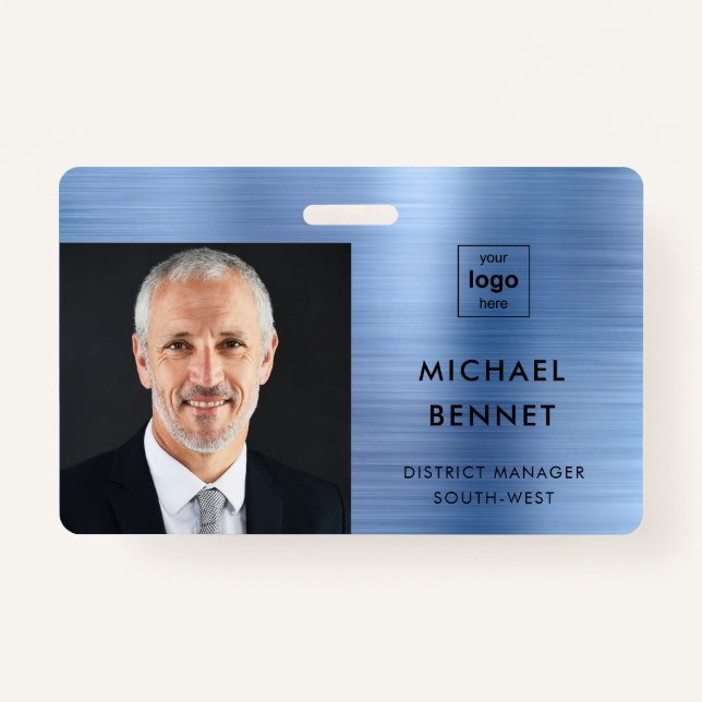 Modern Metallic Blue Company Photo ID  Badge (Front)