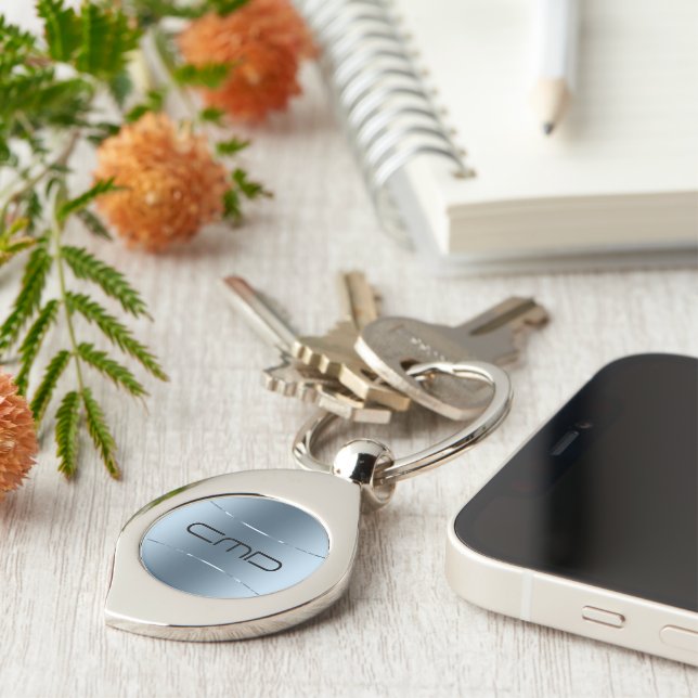 Modern metallic blue stainless steel look keychain (Side)