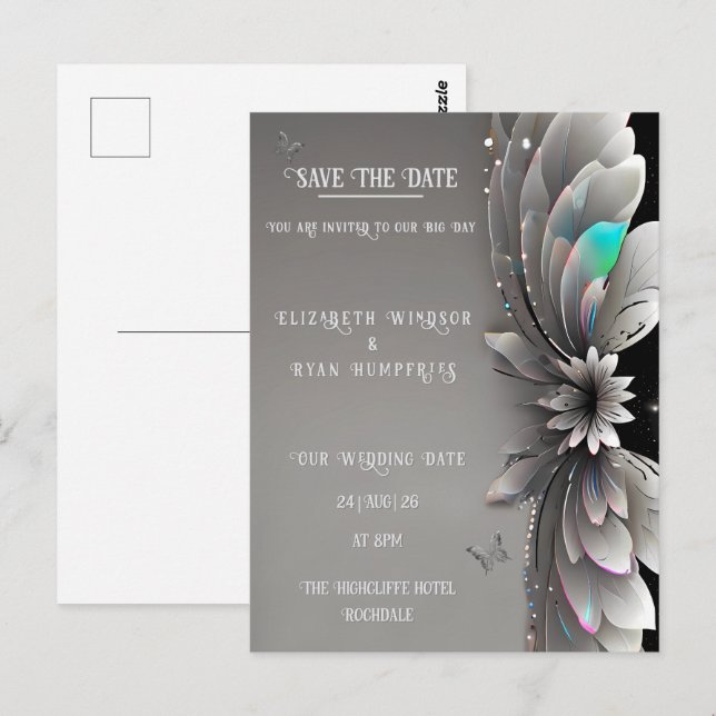 Modern Metallic Floral Wedding Invitation Postcard (Front/Back)