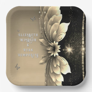 Modern Metallic Gold Floral Wedding Invitation Paper Plate