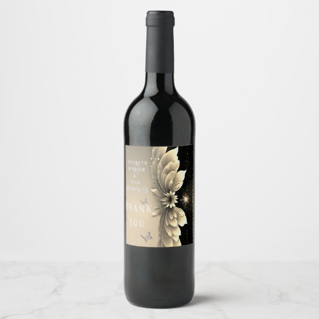 Modern Metallic Gold Floral Wedding Invitation Wine Label (Front)