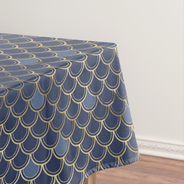 Modern Metallic Gold Navy Blue Mermaid Scales Tablecloth (In Situ)