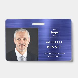 Modern Metallic Navy Blue Company Photo ID  Badge