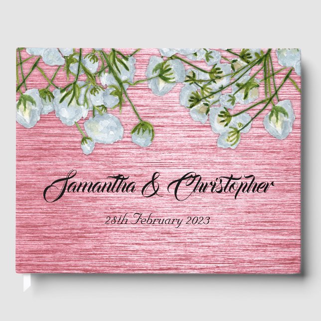 Modern Metallic Pink and White Roses Wedding Guest Book (Front)