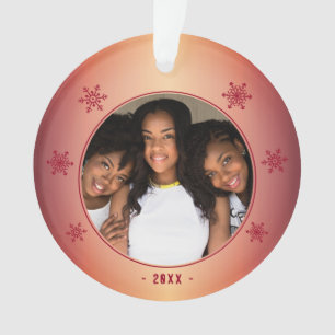 Modern Metallic Red Snowflake Family Photo Ornament