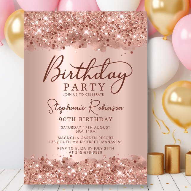 Modern Metallic Rose Gold Glitter 90th Birthday Invitation (Creator Uploaded)