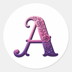 Modern Metallic Rosemaling Letter A, Pink/Purple Classic Round Sticker