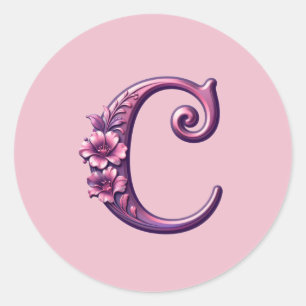 Modern Metallic Rosemaling Letter C, Pink/Purple Classic Round Sticker