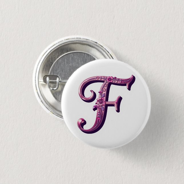Modern Metallic Rosemaling Letter F, Pink/Purple 1 Inch Round Button (Front & Back)