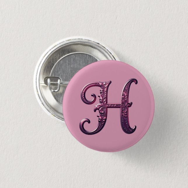 Modern Metallic Rosemaling Letter H, Pink/Purple 1 Inch Round Button (Front & Back)