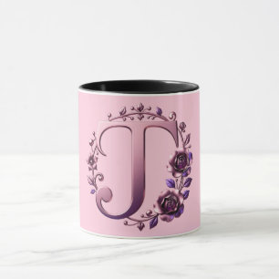 Modern Metallic Rosemaling Letter J, Pink/Purple Mug