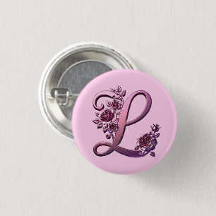 Modern Metallic Rosemaling Letter L, Pink/Purple 1 Inch Round Button