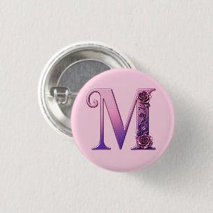 Modern Metallic Rosemaling Letter M, Pink/Purple 1 Inch Round Button