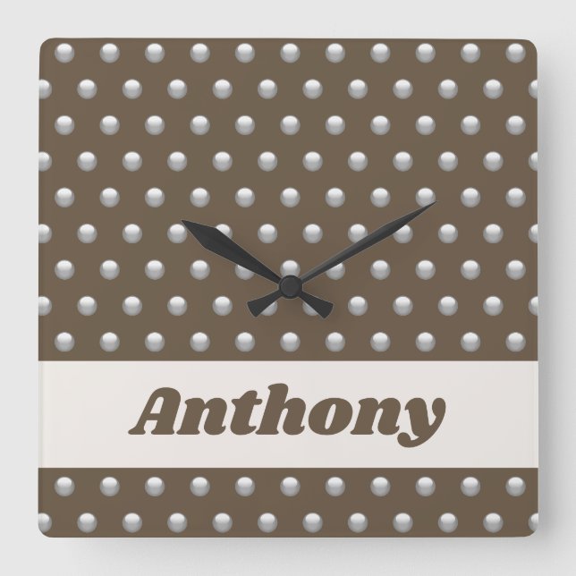 Modern Metallic Silver and Dark Brown Polka Dot Square Wall Clock (Front)