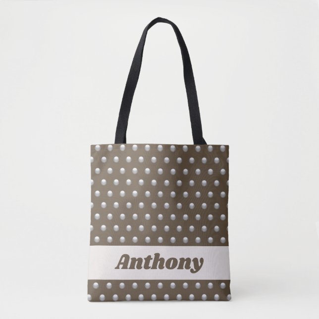 Modern Metallic Silver and Dark Brown Polka Dot Tote Bag (Front)