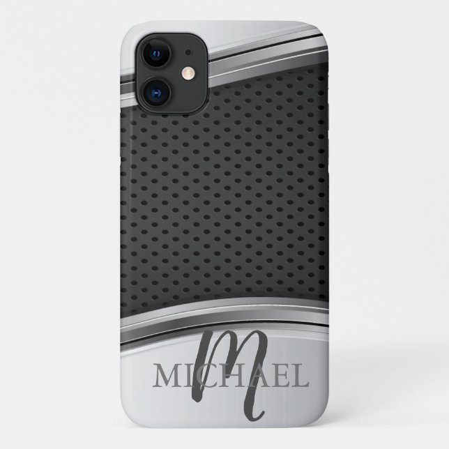 Modern Metallic Silver Black Monogram Case-Mate iPhone Case (Back)