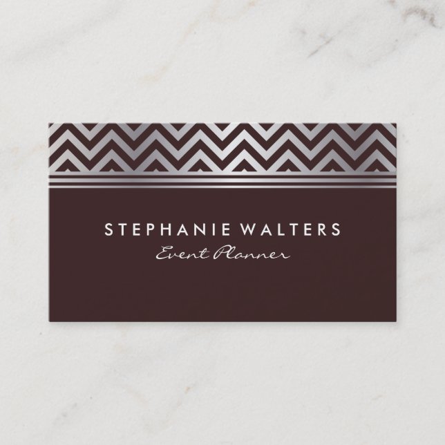 Modern Metallic Silver Chevron and Burgundy Business Card (Front)
