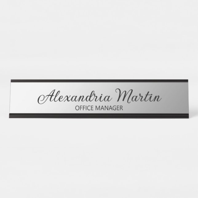 Modern Metallic Silver Job Title Name Desk Script Plate (Front)