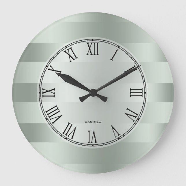 Modern Metallic Soft Green Stripes Pattern Large Clock (Front)